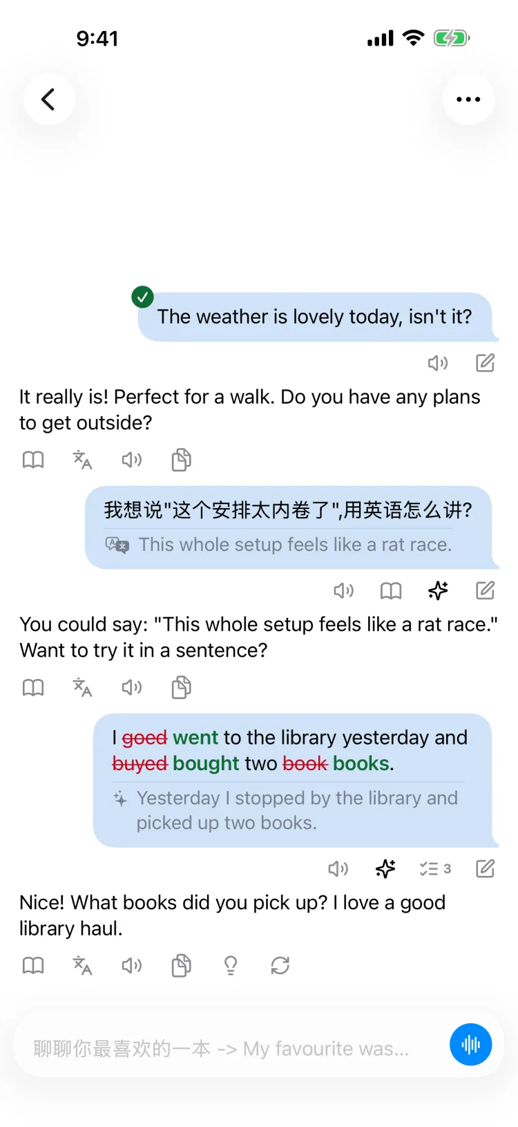A Converloop conversation on iPhone: an inline correction marked in red and green, a polished rewrite, and a question asked in Chinese answered in English