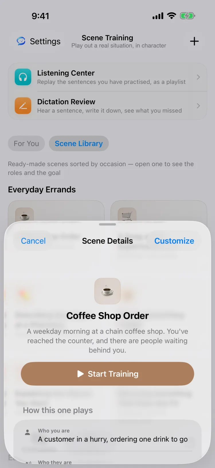 The detail sheet for the Coffee Shop Order scene, with its setting and a Start Training button